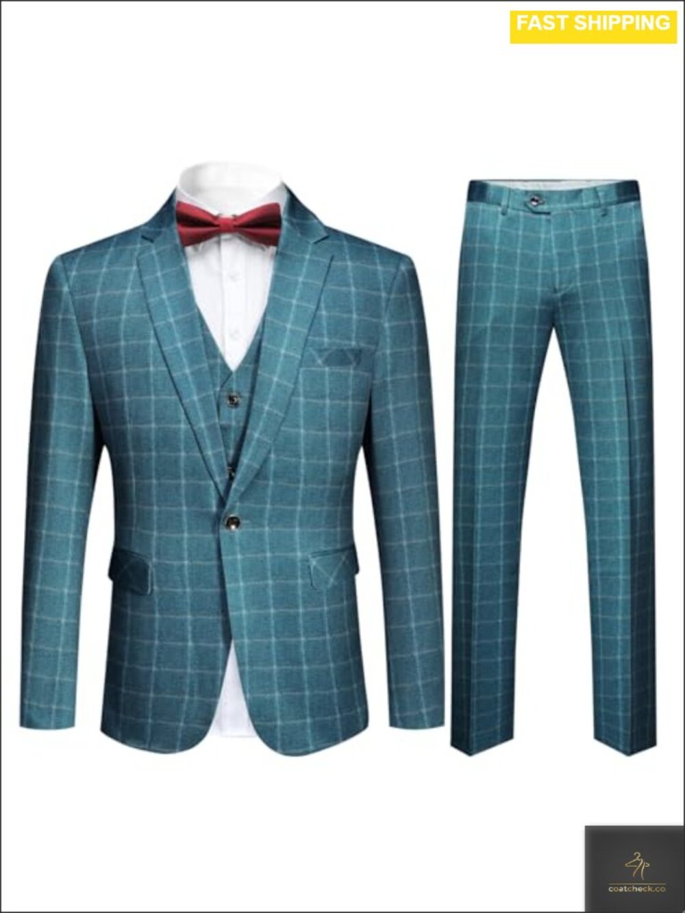 Mens Plaid 3-Piece Suit Set Slim Fit Blazer Vest Pants Modern